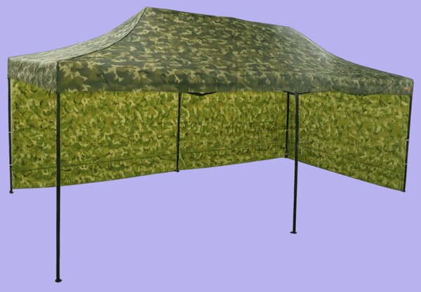 Rýchlorozkladací nožnicový stan 3x6m – oceľový, 2 bočné plachty, Maskáčová