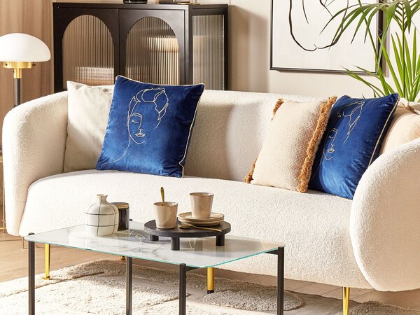 Sada 2 dekoratívnych vankúšov modrá 45 x 45 cm zlatý vyšívaný vzor motív tváre glamour elegantné bytové doplnky