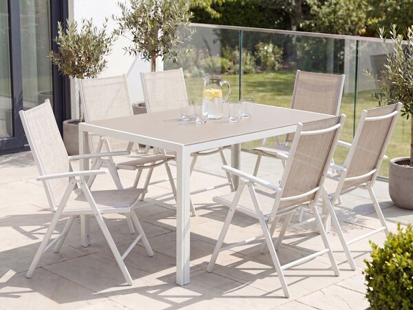 Záhradný jedálenský stôl béžová vrchná doska z tvrdeného skla biely hliníkový rám 160 x 90 cm moderný dizajn exteriér