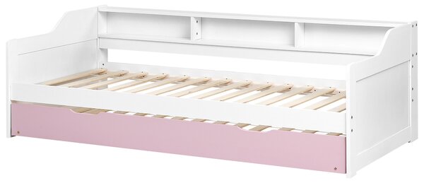 Rozkladacia posteľ biela a ružová borovicový rám 90 x 200 cm s výsuvným lôžkom detská izba spálňa