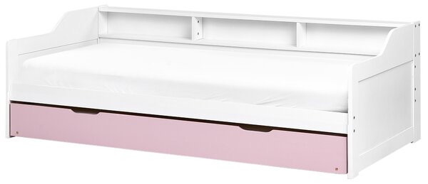 Rozkladacia posteľ biela a ružová borovicový rám 90 x 200 cm s výsuvným lôžkom detská izba spálňa