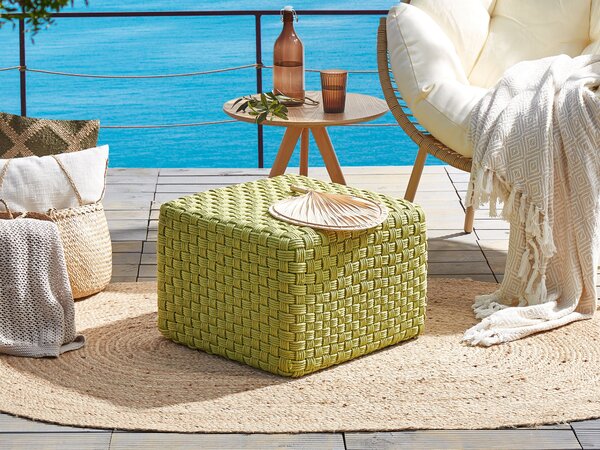 Vonkajší taburet zelený syntetický materiál 50 x 50 x 35 cm štvorcový tvar pletený ručná výroba puf podnožka moderný boho štýl záhrada