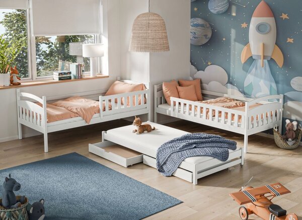 Detská poschodová posteľ z masívu borovice BOHDANA s prístelkou a šuplíky - 200x90 cm - BIELA
