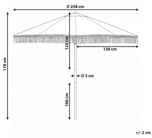 Záhradný slnečník béžový tkanina ⌀ 258 cm so strapcami oceľová tyč efekt dreva štýlový moderný exteriér