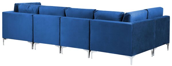 Modulárna pohovka modrá zamatová v tvare U 6-miestna s taburetom strieborné kovové nohy elegantný štýl