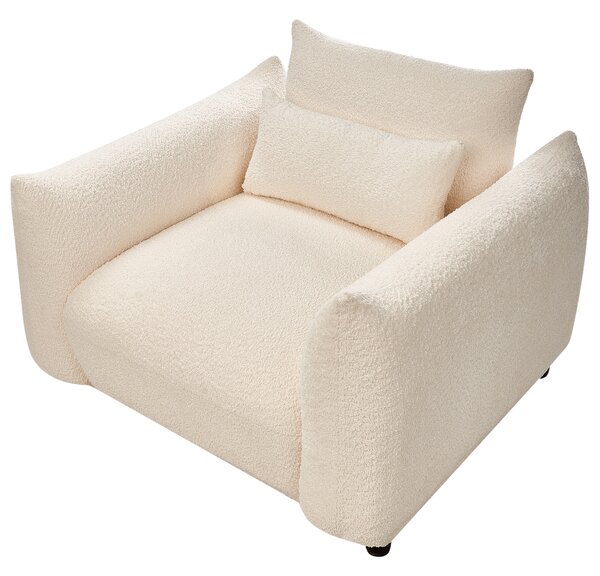 Kreslo biele buklé čalúnenie čierne nohy s opierkami rúk a vankúšom retro glamour art deco štýl obývačka spálňa