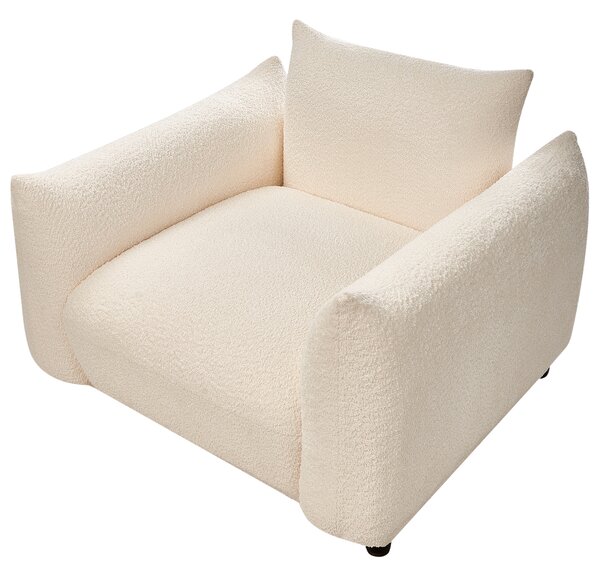 Kreslo biele buklé čalúnenie čierne nohy s opierkami rúk a vankúšom retro glamour art deco štýl obývačka spálňa