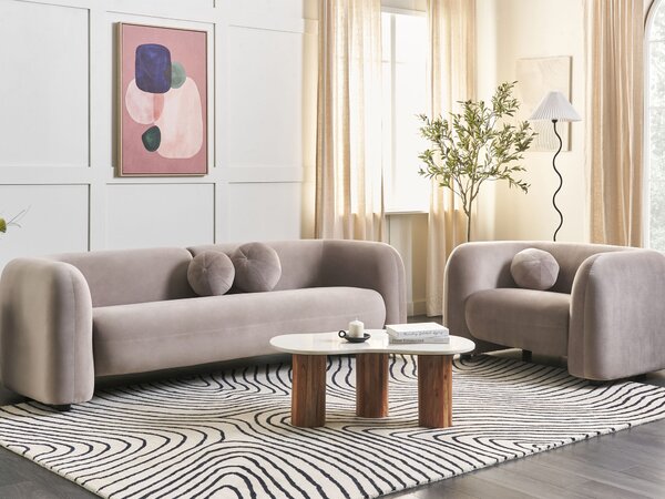 Pohovka sivobéžová zamatové čalúnenie 3-miestna extra vankúše retro glamour art deco štýl obývačka