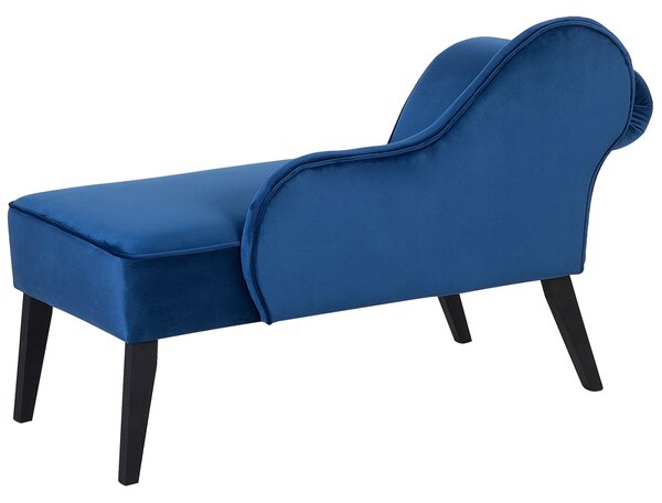 Leňoška modrá zamatová čalúnená tmavé drevené nohy ľavostranná retro elegantný dizajn