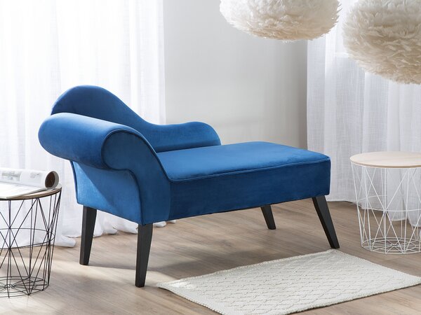 Leňoška modrá zamatová čalúnená tmavé drevené nohy ľavostranná retro elegantný dizajn