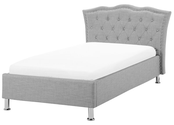Posteľ sivá látkové čalúnenie 90 x 200 cm s úložným priestorom prešívané čelo s gombíkmi moderný glamour štýl spálňa