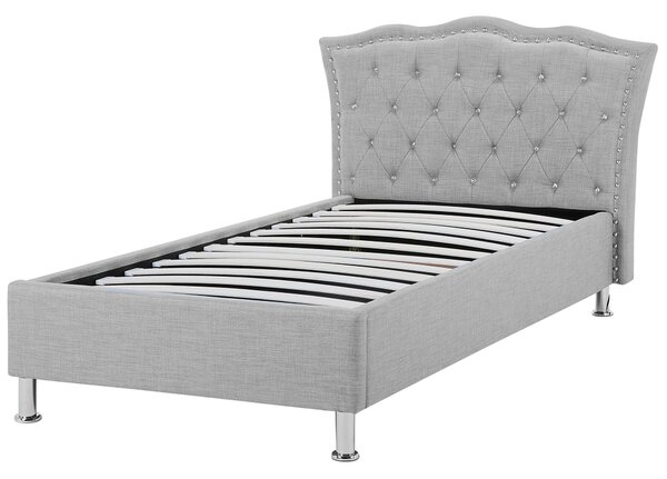 Posteľ sivá látkové čalúnenie 90 x 200 cm s úložným priestorom prešívané čelo s gombíkmi moderný glamour štýl spálňa