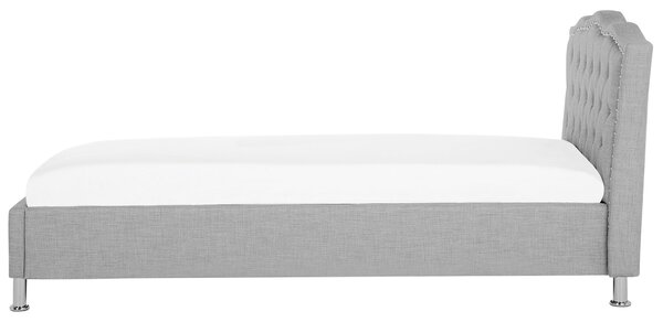 Posteľ sivá látkové čalúnenie 90 x 200 cm s úložným priestorom prešívané čelo s gombíkmi moderný glamour štýl spálňa