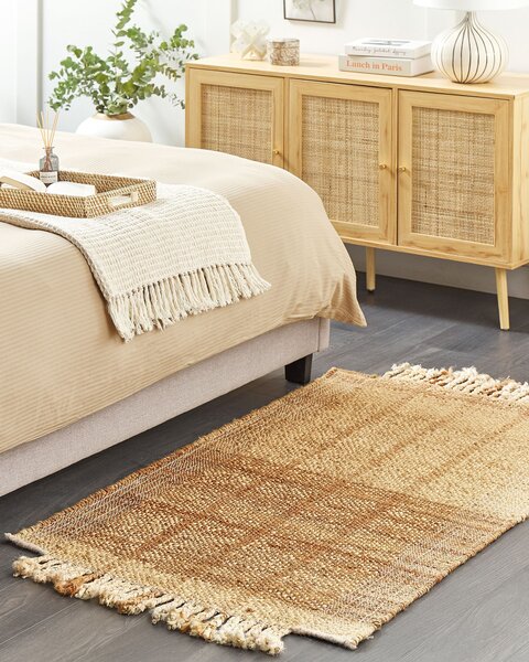 Koberec béžový jutový 80 x 150 cm ručne tkaný so strapcami boho obývacia izba spálňa