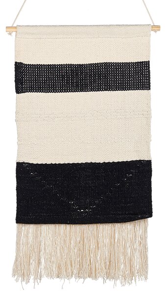 Nástenná dekorácia béžová čierna bavlna borovicové drevo pletená ručná výroba so strapcami makramé boho štýl doplnky dekorácie