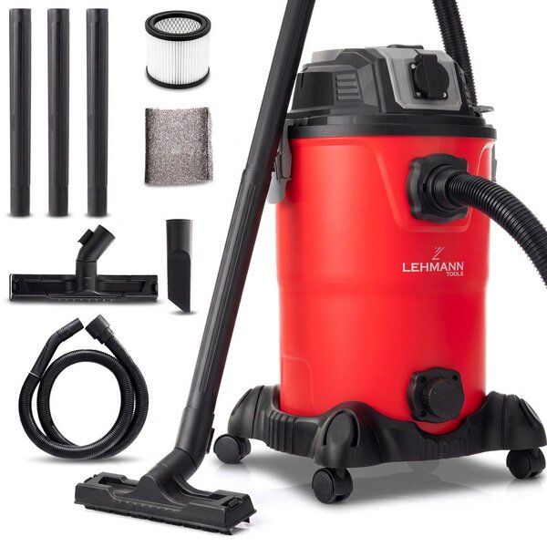 Priemyselný vysávač LEHMANN 30 l, zásuvka 2000 W, funkcia fúkania, dvojitý filtračný systém, HEPA filter, oklep filtra, pre dielňu, stavenisko a garáž