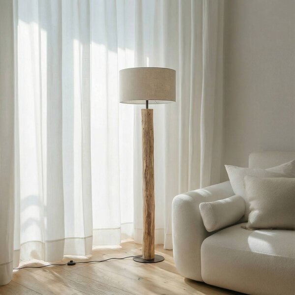 Lucande Stojacia lampa Jorvan, krémová, eukalyptus, ľan, Svetlé drevo, Obývacia izba / jedáleň, Drevo, Stojaca lampa