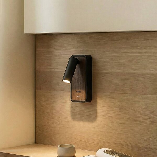 Lindby LED nástenné svetlo Tallis, čierne, USB-C, pohyblivé, Čierna, Spálňa, kov, Moderný