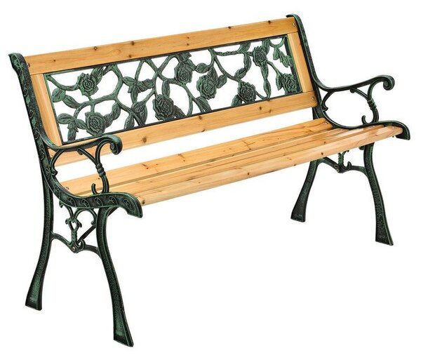 Záhradná lavička 122 cm, motív ruží, drevo/liatina