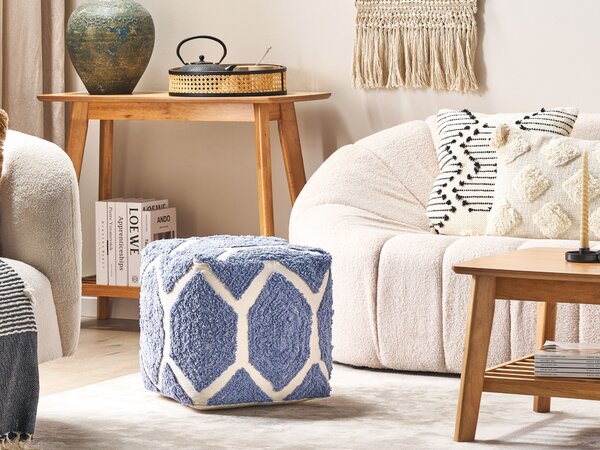 Taburet béžová modrá bavlna 40 x 40 cm geometrický vzor štvorcový tvar puf podnožka boho moderný štýl obývačka spálňa