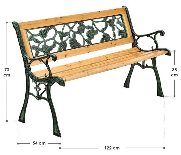 Záhradná lavička 122 cm, motív ruží, drevo/liatina