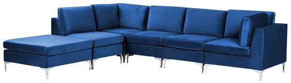 Pravá rohová modulárna pohovka modrá zamatová 5-miestna v tvare L s taburetom strieborné kovové nohy elegantný štýl
