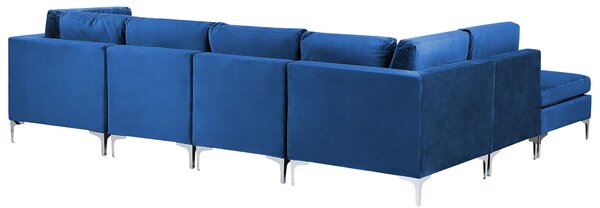 Pravá rohová modulárna pohovka modrá zamatová 5-miestna v tvare L s taburetom strieborné kovové nohy elegantný štýl