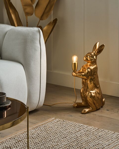 Stolná lampa zlatá polyresín zvierací motív tvar zajaca moderný glamour štýl nočná lampa obývacia izba spálňa