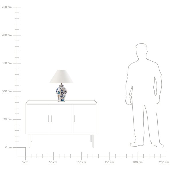 Stolná lampa biela modrá porcelánový podstavec ľanové tienidlo kvetinový vzor osvetlenie obývacia izba spálňa