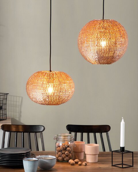 Závesná lampa medená kov guľaté trblietavé tienidlo s flitrami v tvare disco gule moderný glamour štýl obývačka jedáleň