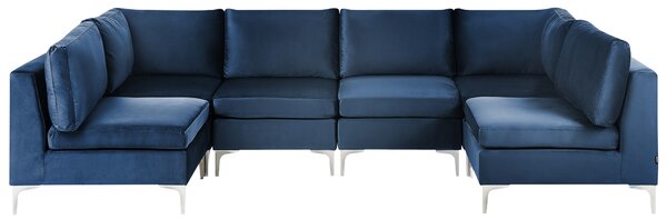 Modulárna pohovka modrá zamatová v tvare U 6-miestna strieborné kovové nohy elegantný štýl