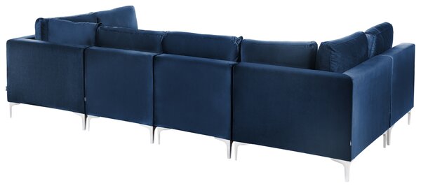 Modulárna pohovka modrá zamatová v tvare U 6-miestna strieborné kovové nohy elegantný štýl
