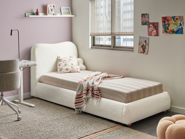 Posteľ s úložným priestorom krémová biela buklé čalúnenie 90 x 200 cm minimalistický moderný dizajn spálňa