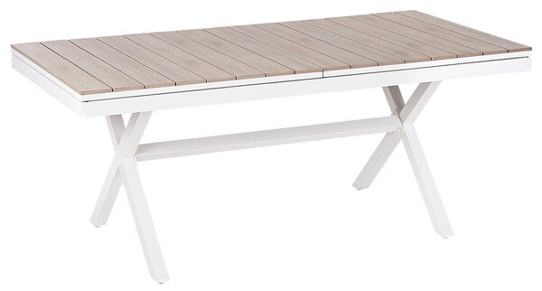 Rozkladací záhradný jedálenský stôl biela svetlé drevo hliník 184/242 x 76 cm moderný štýl záhrada exteriér