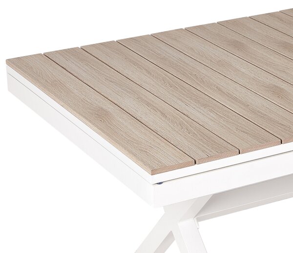 Rozkladací záhradný jedálenský stôl biela svetlé drevo hliník 184/242 x 76 cm moderný štýl záhrada exteriér