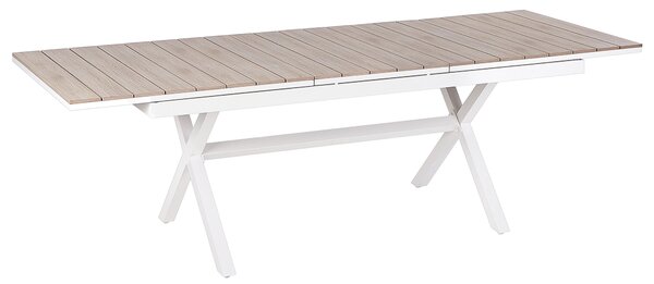 Rozkladací záhradný jedálenský stôl biela svetlé drevo hliník 184/242 x 76 cm moderný štýl záhrada exteriér