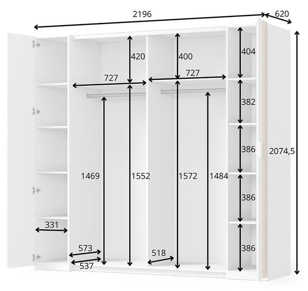 Veľká zrkadlová šatníková skriňa 220 cm TURBO - dub artisan / biela