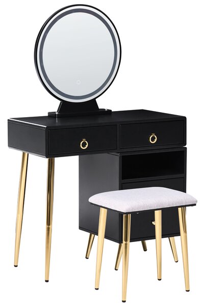 Toaletný stolík čierna a zlatá MDF 6 zásuviek LED zrkadlo stolička nábytok do obývačky glamour dizajn