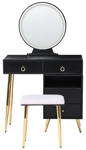 Toaletný stolík čierna a zlatá MDF 6 zásuviek LED zrkadlo stolička nábytok do obývačky glamour dizajn