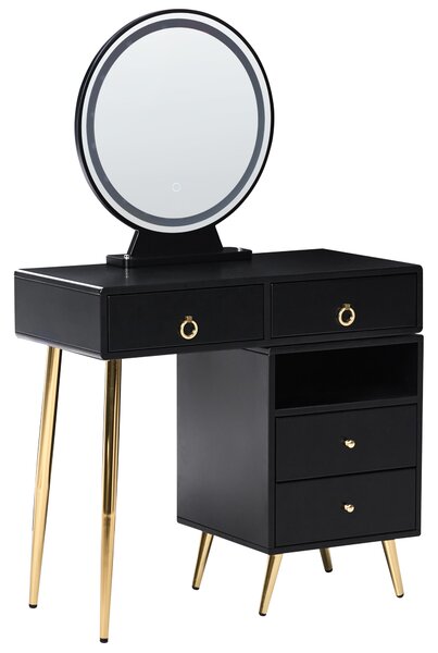 Toaletný stolík čierna a zlatá MDF 6 zásuviek LED zrkadlo stolička nábytok do obývačky glamour dizajn