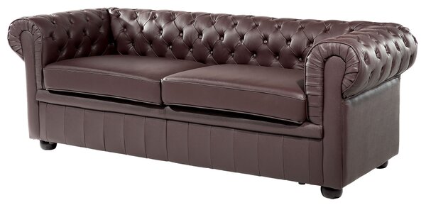 Sedacia súprava chesterfield hnedá kožená čalúnená tmavé drevené nohy 3-miestna pohovka s kreslom moderná