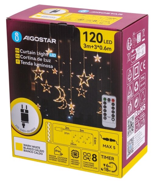 Aigostar - LED vonkajšia vianočná reťaz 120xLED/6W/230V/8 funkcií 3x0,6m IP44 teplá bielaDO