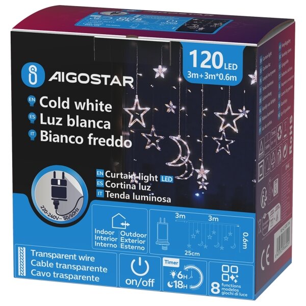 Aigostar - LED vonkajší vianočný reťazec 120xLED/6W/230V/8 funkcií 3x0,6m IP44 studená bielaDO