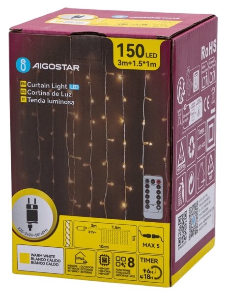 Aigostar - LED vonkajšia vianočná svetelná reťaz 150xLED/6W/230V/8 funkcií 1,5x1m IP44 teplá biela+DO