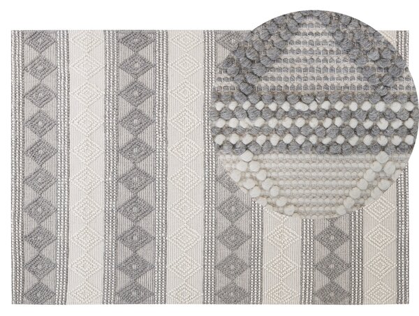 Koberec svetlobéžový a sivý 140 x 200 cm vlna bavlna a polyester ručne tkaný s geometrickým vzorom boho obývacia izba spálňa