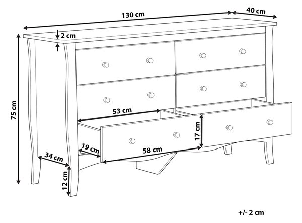 Komoda biela so 6 zásuvkami 75 x 130 cm skrinka do obývačky predsiene spálne provensálsky štýl