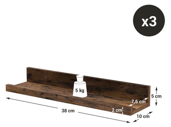 SONGMICS Sada 3 nástěnných políc Vasagle Kamelia 38 cm hnedá