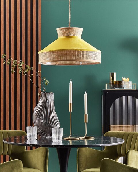 Závesná lampa žltý zamat prírodné ratanové tienidlo boho dizajn závesné svietidlo