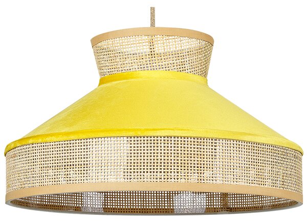 Závesná lampa žltý zamat prírodné ratanové tienidlo boho dizajn závesné svietidlo