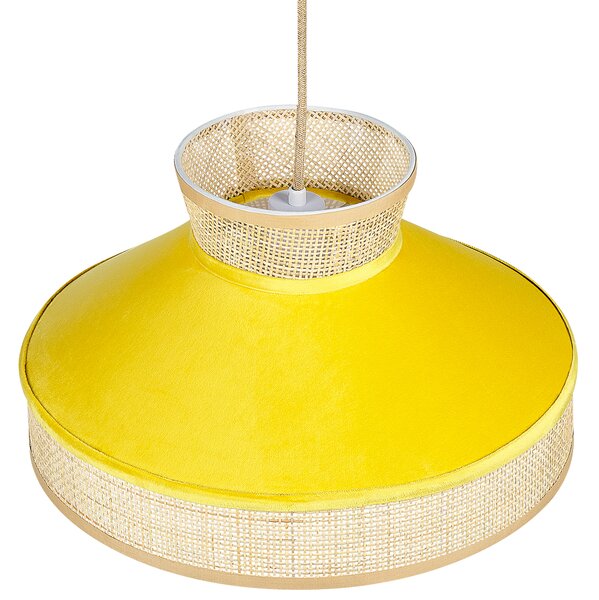 Závesná lampa žltý zamat prírodné ratanové tienidlo boho dizajn závesné svietidlo